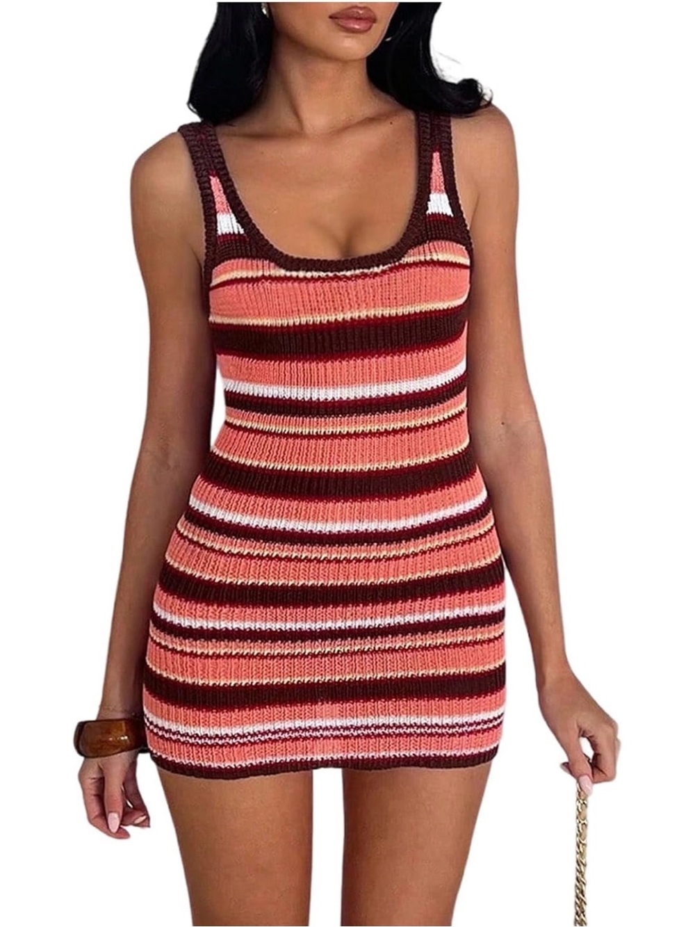 Striped Knit Tank Mini Dress - Coral & Brown